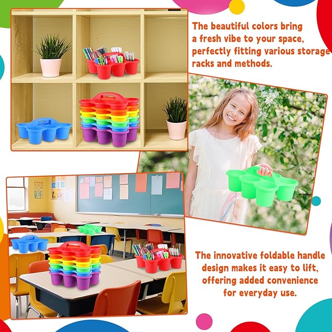 12 Pack Classroom Caddy Organizer with Handle Colorful Plastic Table Caddy Drink Cup Caddies Holder 12×9×3.5 Inch Storage School Supplies 6 Compartments for Table Crayon Pencil Cup Marker Craft