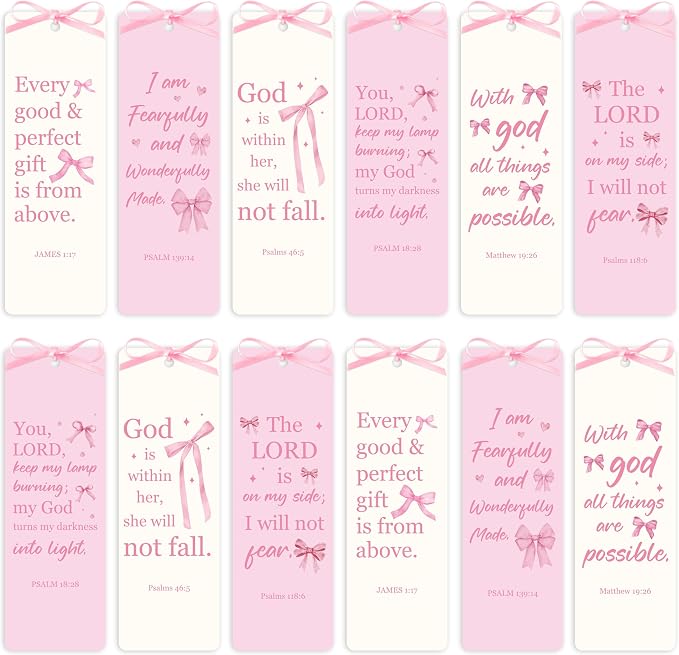TICIAGA Religious Pink Bow Bookmark - 12PCS Christian Pink Bow Paper Bookmark with Ribbon for Girl Reading Lover, Funny Girl Inspirational Bible Verses Coquette Page Marker for Kids Easter Gifts