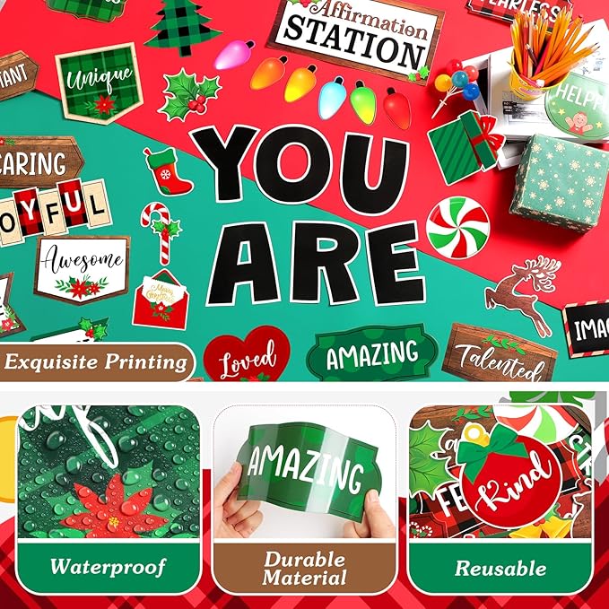 45pcs Christmas Affirmation Station Bulletin Board Set Motivational Posters Classroom Mirror Growth Mindset Decor Positive Affirmations Accents Cutouts for School Office Home Teacher Supply