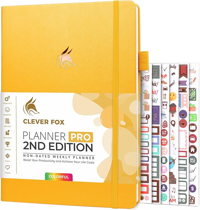 Clever Fox Planner PRO 2nd Edition – Undated Weekly Agenda Planner for Setting Goals, Tasks & Time Management – Life Organizer with To-do Lists & Habit Trackers – Large, 8.5x11″ (Amber Yellow)