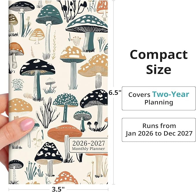 Pocket Calendar 2026-2027 for Purse, Two Year Monthly Planner Pocket Size, Jan 2026 to Dec 2027 Monthly Planner Small Size (6.5" x 3.5") - Mushrooms Grove