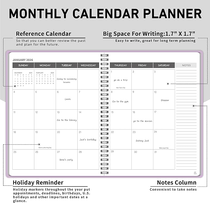 Monthly Planner Jan 2026 - Dec 2027, Monthly Planner for 24 Monthes, 9×11 Inch, Teacher Monthlys, Hard PVC Cover, Spiral Bound, Time Management Calendar, Perfect for School & Office (Purple)