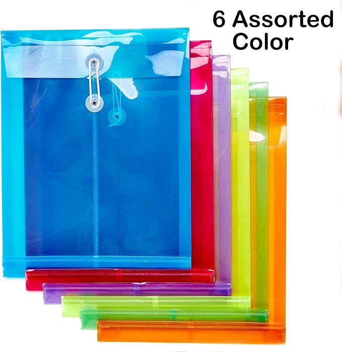 12 Pack Assorted Colors Plastic Envelopes Poly Envelope Expandable File Document Folders with Button & String Tie Closure - Letter A4 Size - 1-1/4 Inch Expansion - for School Office and Home