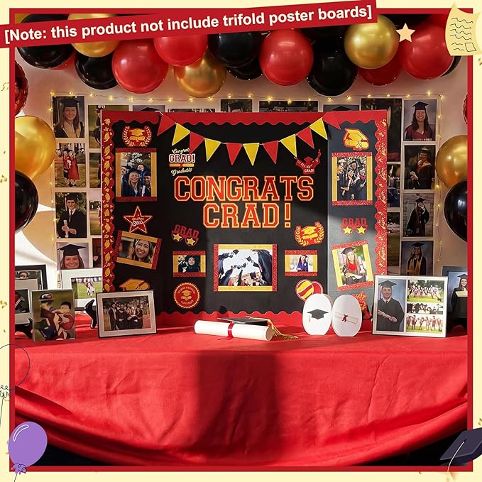 31 Pcs Graduation Photo Poster Board Decor Set Include 28 Sheets Graduation Themed Stickers 2 Rolls Picture Frame Tape 1 PC Banner for 2026 Grad Party College Board Photo Frame Decor (Red)