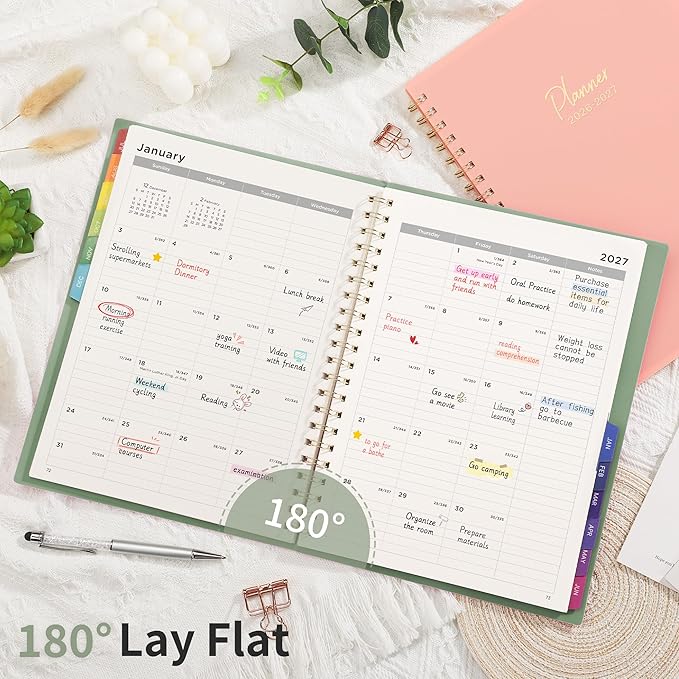 EMSHOI 2026-2027 Appointment Book, A4 15-Minute Hourly Planner, July 2026 - June 2027, Academic Planner Weekly and Monthly, 100GSM Thick Paper, Flexible Cover, Note Pages, Colorful Tabs, Light Green
