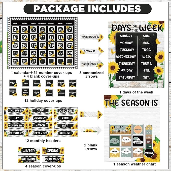 Sunflower Calendar Bulletin Board Set for Classroom Decoration Sunflower Calendar Seasons Weather Chart Summer Flower CTP Bulletin Board Paper-Cuts for Teachers Elementary School Classroom