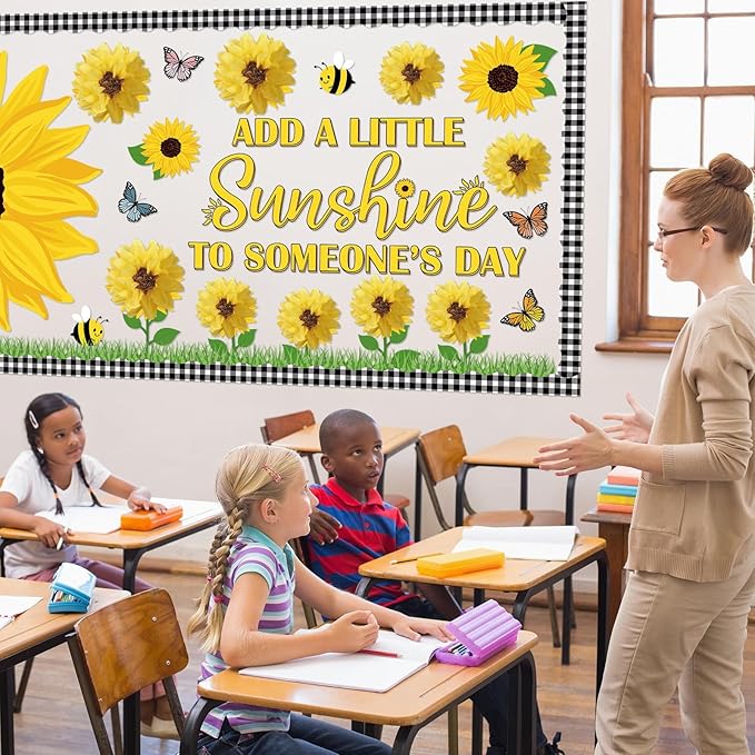 Pasimy Spring Bulletin Board Decorations Set 3D Sunflower Bulletin Board Bee Classroom Decor Honeycomb Butterfly Flower Kindness Cutouts Borders for Home Office Wall Door Window Supplies(Sunflower)