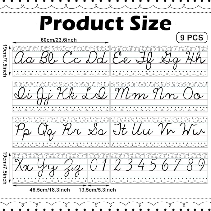 Set of 9 Cursive Writing Bulletin Board Cursive Alphabet Wall Strip for Teacher Supplies, Classroom Teaching Tool, Homeschooling, Kids Education(Simple Line)