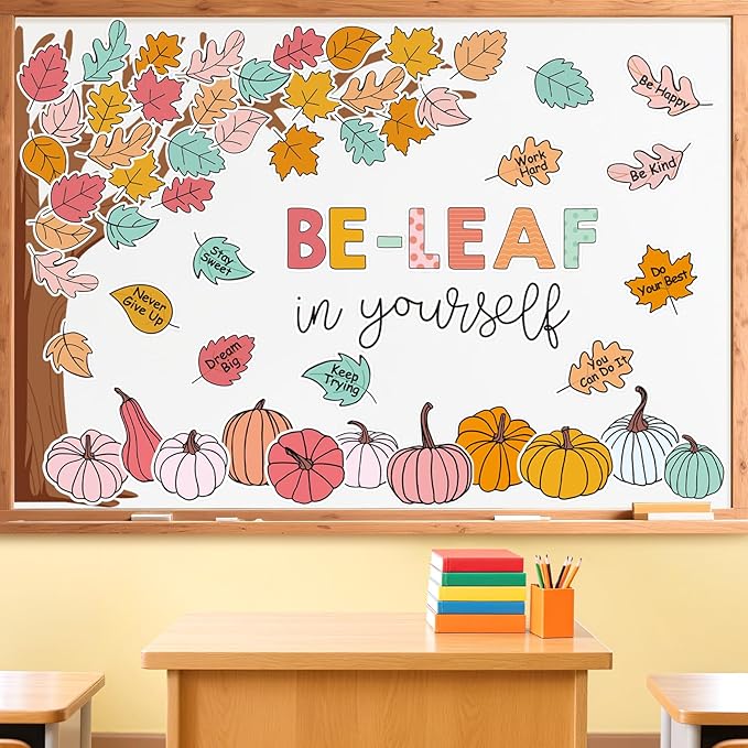 JarThenaAMCS 73Pcs Fall Tree Bulletin Board Decoration Motivational Boho Maple Leaf Pumpkin Cutouts for Autumn Thanksgiving Classroom Wall Chalkboard Decor