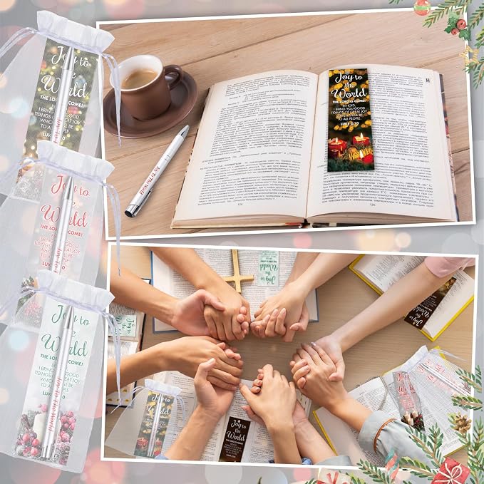 Dispowreath 24 Pcs/12 Sets Christmas Joy to the World Gift, Include 12 Xmas Luke 2: 10 Bookmark 12 Bible Verse Ballpoint Pen for Christmas Church Prizes Party Favors