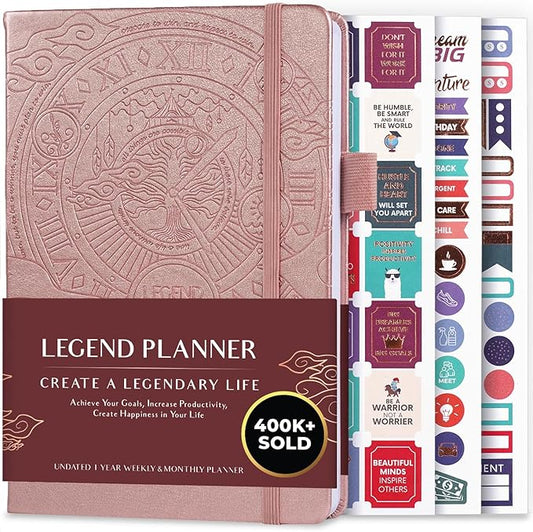 Legend Undated Weekly Planner – Goal Planner Journal & Organizer Notebook – Agenda Book with Monthly Calendar & To-Do List, A5 (Rose Gold)