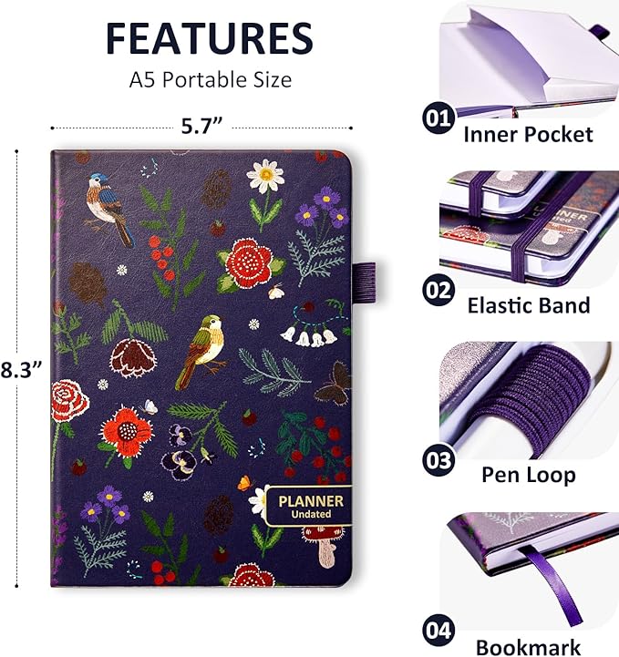 Comkiso Undated Weekly and Monthly Planner with Adhesive Tabs, A5 Dateless Academic Planner for Women & Men Daily Planning, Hardcover Leather All In One Planner for Home School Work Organizer (Birds)