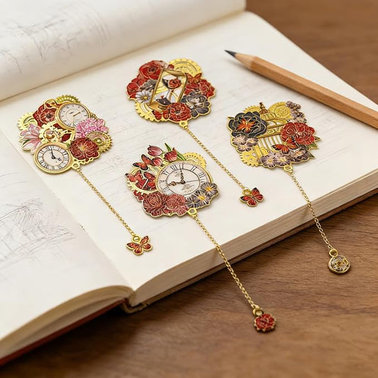4 PCS Vintage Metal Bookmarks, Steampunk Book Mark with Clock&Flower Pendant for Book Lovers, Students, Teachers, Writers - Unique Reading Gift for Birthday, Graduation, Christmas