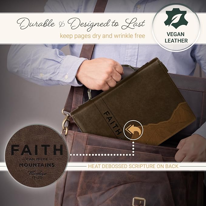 Christian Art Gifts Classic Premium Vegan Leather Inspirational Bible Cover for Men & Women: Faith Moves Mountains Encouraging Bible Verse, Easy Carry Zippered Case, Pen Loops, Pockets, Brown, Medium