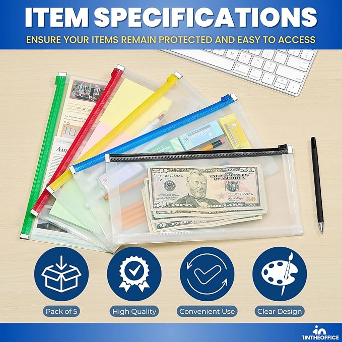 1InTheOffice Plastic Filing Envelopes with Zipper Closure, Moisture Resistant Envelope, Letter Size, Assorted Colors, Check Size (5 Pack)