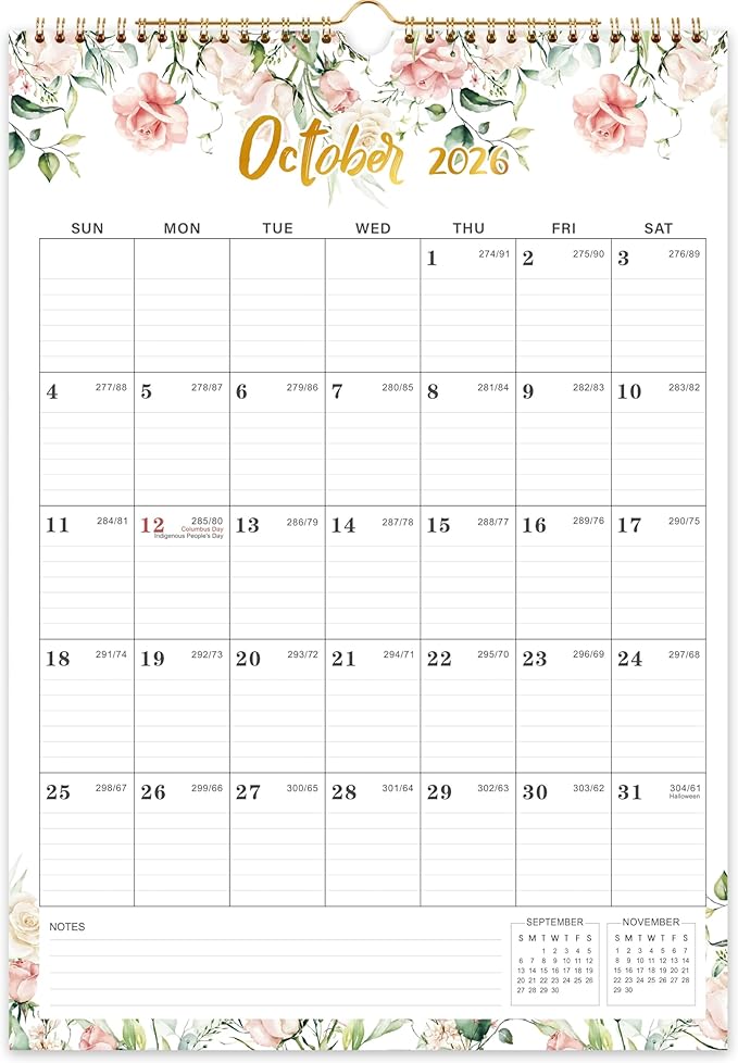 2026 Wall Calendar - Calendar 2026 Wall, Jan 2026 - DEC 2026, 12" x 17", Large Blocks, Hanging 2026 Wall Calendar 12 Months, Floral Calendar for Living Room