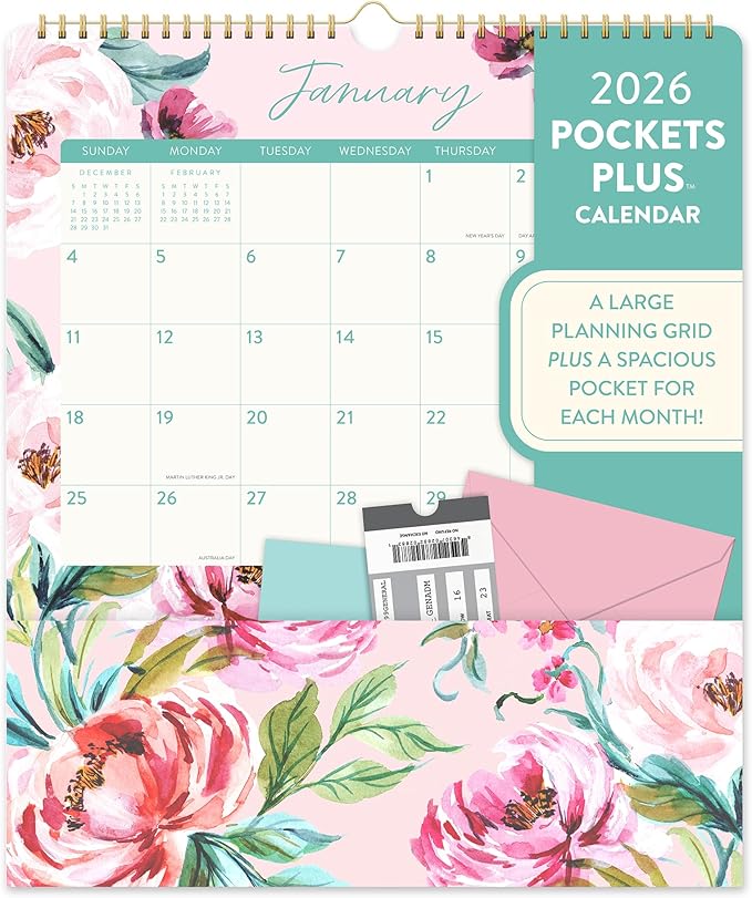 Orange Circle Studio Pockets Plus Wall 2026 Calendar, Bella Flora, Large Monthly Planner, Hanging Organizer, Aesthetic for Home Office, Classroom, School, Family Calendar, Easy Planning & Organizing