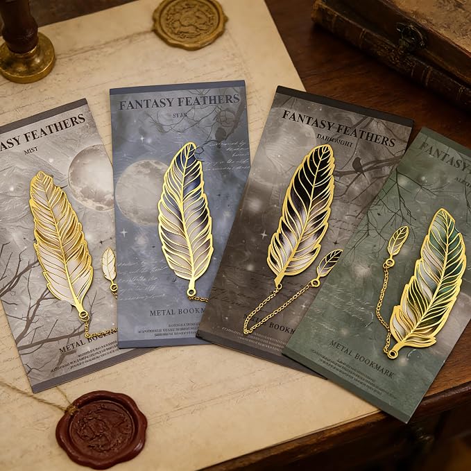 4Pcs Fantasy Feather Bookmarks for Books, Metal Bookmark with Chain, Unique Reading Accessories for Women Book Lovers, Teachers, Students
