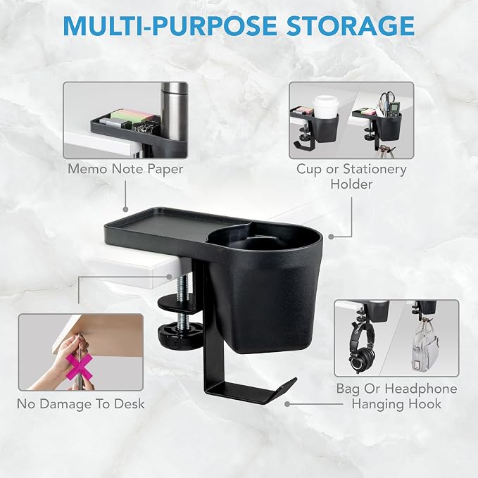 EHO Clamp-On Desk Pen and Cup Holder, 3-in-1 Stationery Organizer with Pencil and Accessory Storage, Reversible Hanging Hook, Space-Saving Desk Clamp Organizer, TAA-Compliant