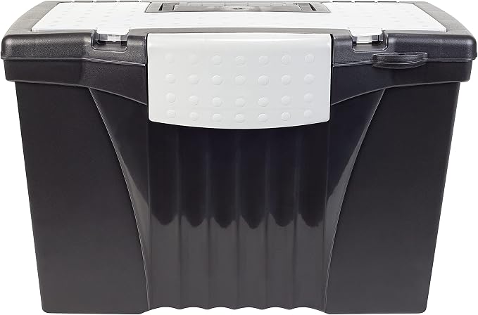 Storex Legal File Box with Organizer Lid – Plastic Office File Storage Box for Letter and Legal Hanging Folders, Obsidian, 1-Count (61510A01C)