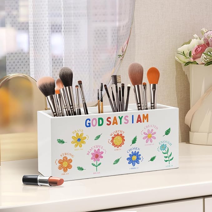 Christian Bible Verse Floral Pen Holder, Inspirational Office Pen Pencil Holder Organizer for Desk Accessories, God Says I Am Wooden Box Desk Decor for Girl Nursery Room Desk Decorations