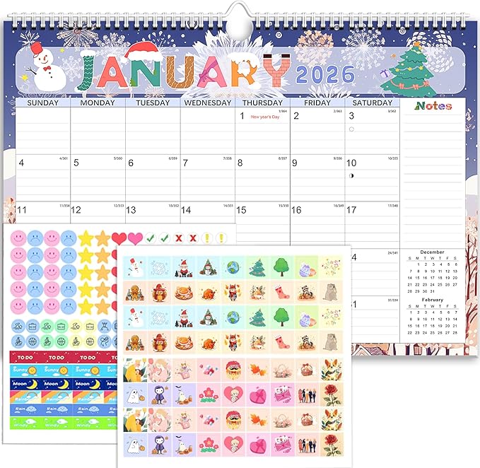 AECCN Calendar 2026-2027, 18 Months Wall Calendar 2026-2027 with Stickers, 17" x 12" Anti Ink Bleed, Durable Thick Paper, Seasonal Calendars for Home, Office, Student and Teacher Supplies- Colorful