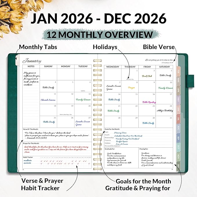 2026 Christian Planner - 12 Month Bible Journal and Prayer Planner A5 Spiral Bound, Monthly & Weekly Christian Organizer Gifts for Women Men (Pacific Green)