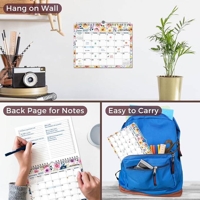 CRANBURY Wall Calendar 2026-2027, 8x6", 18 Months Jul. 2026 to Dec. 2027, Thick Paper, Small Desk & Wall Planner for Office, School, Mini Monthly Hanging Calendar with Stickers, Floral
