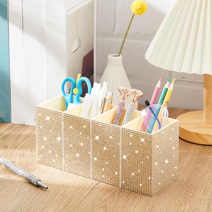 Bling Makeup Brush Organizer for Women, Rhinestone Desk Organizer Pen Holder, Girly Eyeliners Display Case for Vanity, Office, Elevate Your Workspace with Serenity(Rhinestone, Champagne)