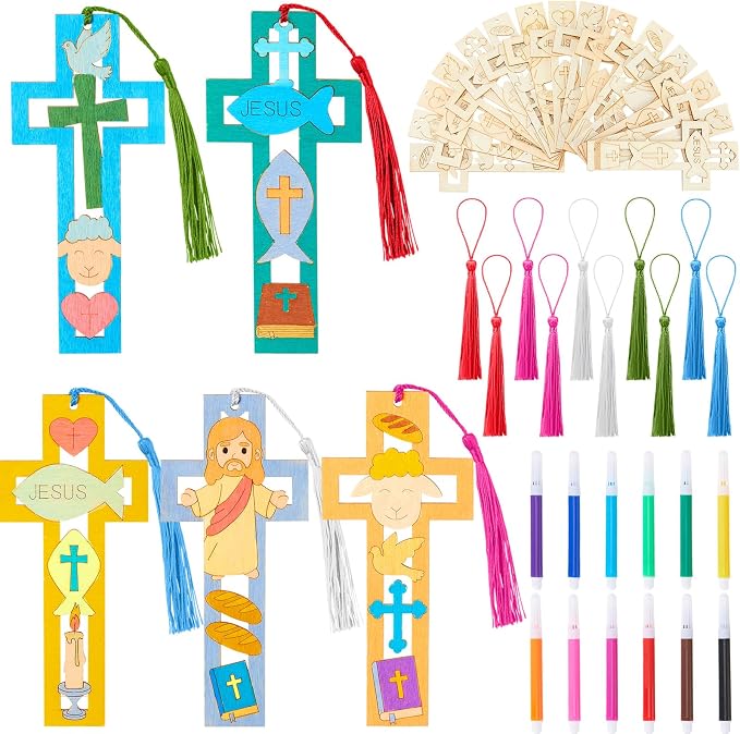 Yexiya 30 Sets DIY Christian Bible Bookmarks for Crafts, Unfinished Wooden Cutouts with 30 Tassels & 12 Color Markers, Bulk Religious Art Supplies for Sunday School, Vbs, Baptism & Church Activities