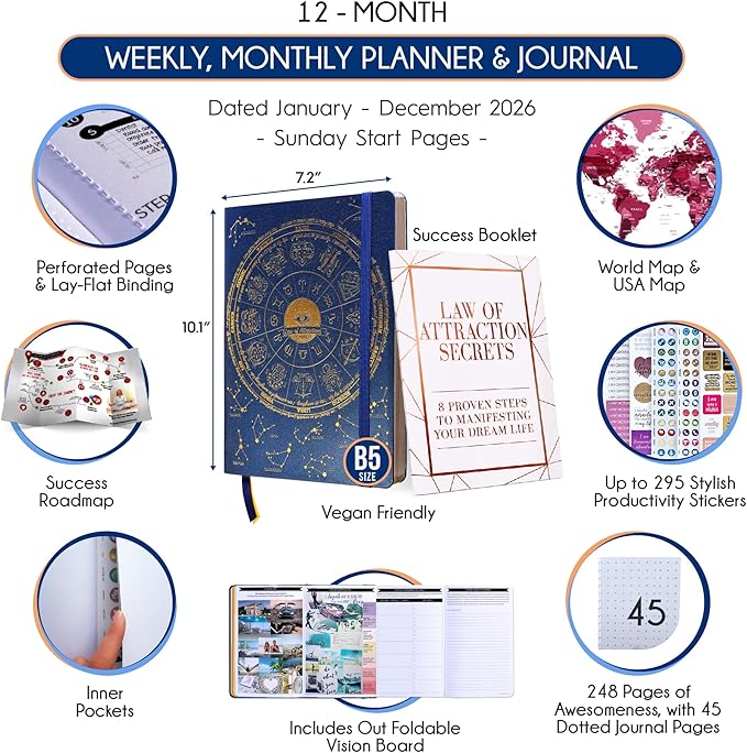 Deluxe 2026 Planner Weekly and Monthly | Law of Attraction Planner with Productivity App | 12-Month for Productivity, Gratitude & Goal Setting | Includes Foldable Vision Board, Gift Box & Stickers