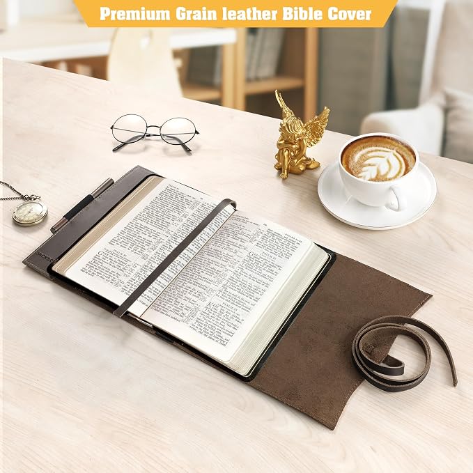 Jack&Chris Leather Bible Cover, Leather Book Cover for Men and Women, Bible Holder Strap Bible Cover Gifts, Coffee Medium
