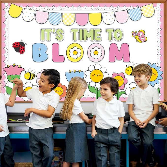 Spring Theme Bloom Flower Bulletin Board Set It's Time to Bloom Classroom Decoration Springtime Floral Bee Butterfly Paper Cutouts for Back to School Home Nursery Chalkboard Wall Decor Party Supplies