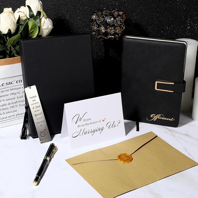 7 Pcs Officiant Gift Set Includes Leather Hardcover Proposal Officiant Book Black Ink Pen Thank You Card with Envelope and Sticker Bookmark Gift Box for Wedding(Black)