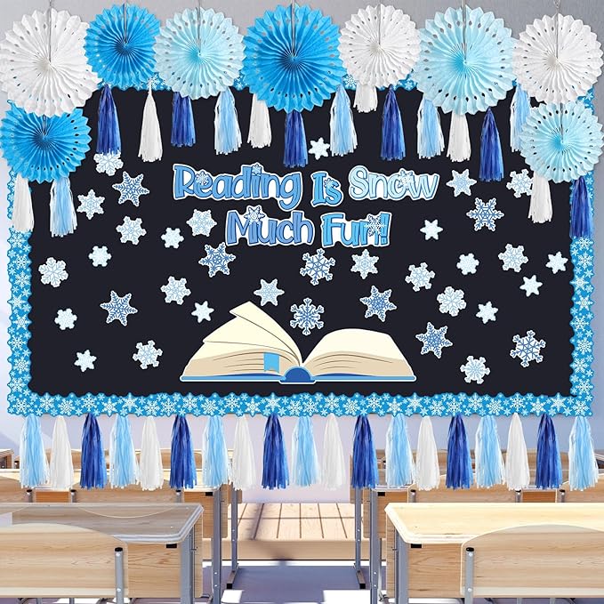 Frienda 99 Pieces 3D Snowflake Bulletin Board Decorations with Paper Fan Tassels Winter Reading is Snow Much Fun Snowflake Cutouts Classroom Decor for Winter Christmas School Party Supplies Home