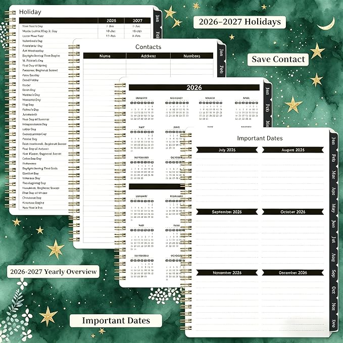 2026-2027 Planner, 12 Months Monthly & Weekly Daily Planner July 2026 - June 2027, 8.5" x 6.2" Hardcover Agenda Organizer with Tabs, Spiral Bound Calendar Notebook for School Work Home, Floral Design (Green & Stars)