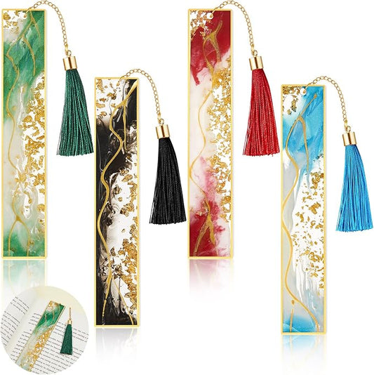 Gersoniel 4 Pieces Resin Bookmarks Handmade Resin Gilt Bookmarks with Tassels Presents for Women Kids Students Teachers and Book Lovers School Home Reading(Vibrant Color)