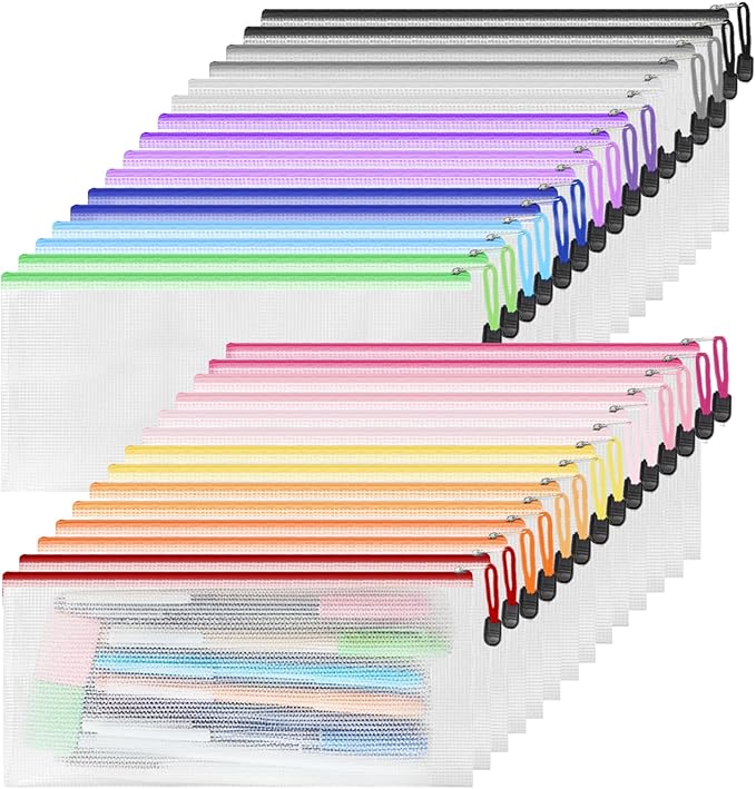 EVERECO 30pcs Pencil Pouches, 9.3x4.5 Inches Small Zipper Pouch, 15 Colors Bill Size Waterproof Zipper Pouches for Organizing, Board Game Storage and Office Supplies