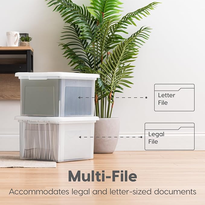 IRIS USA File Box, Plastic File Organizer with Lids for Letter/Legal File, Portable Document Box For Moving, Storage Bin with Durable and Secure Lid, Stackable Nestable BPA-Free, Black 35 Qt. 1 Pack