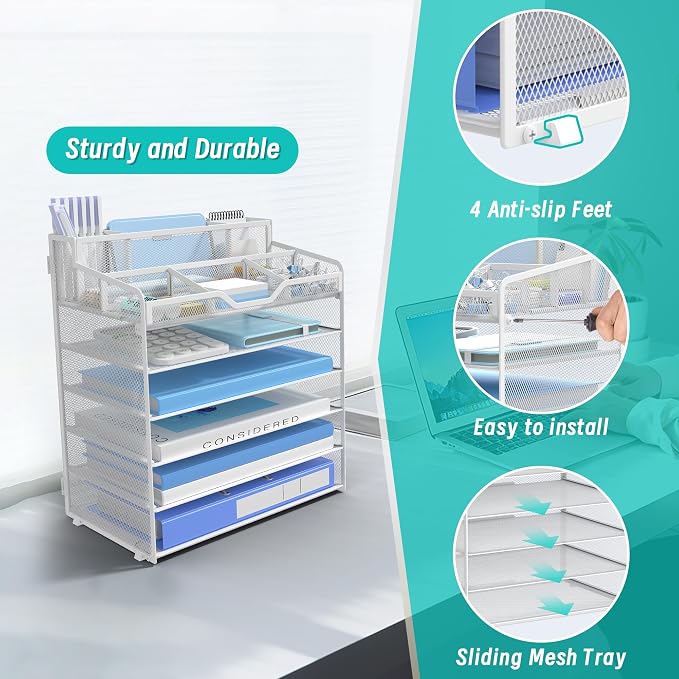6 Tier Mesh Desk Organizer,Multi Functional Letter Paper Tray with 3 Pen Holders and 5 Adjustable Storage Compartments for Office Supplies Files and Mail Space Saving Desktop Organizer-White