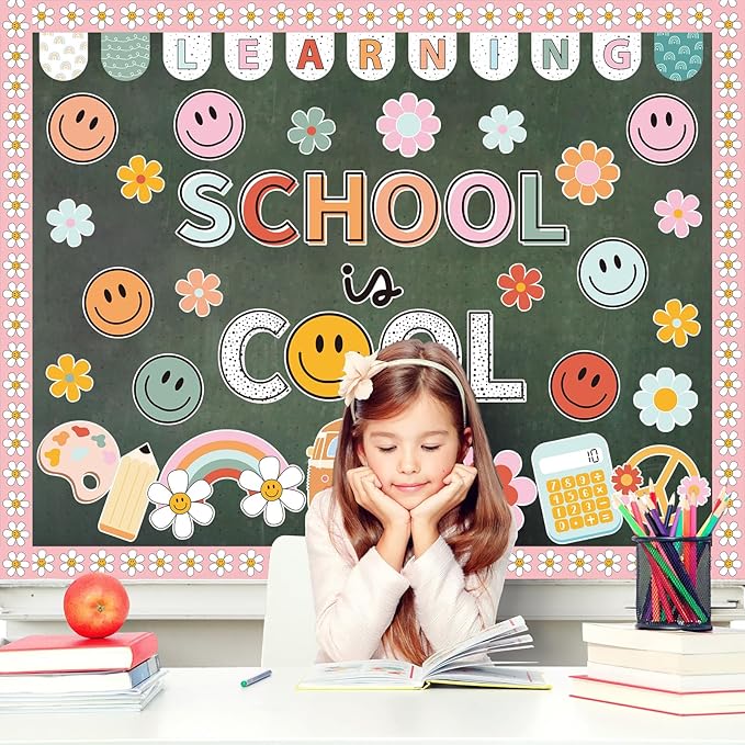 JarThenaAMCS 73 Pcs Retro Groovy Bulletin Board Decoration Set Boho Smile Flower Theme School is Cool Paper Cutouts with 200 Pcs Glue Points for Back to School Home Party Classroom Wall Door Decor