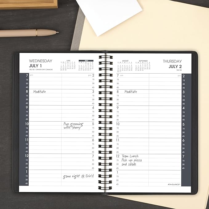AT-A-GLANCE Planner 2026-2027 Daily Academic 12-Month July-June, Quarter-Hourly Appointment Book, 5" x 8", Black (7080705)
