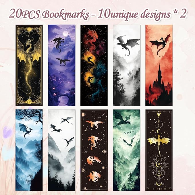 Cool Dragon Bookmarks Gifts - 20 Pcs Fantastic Bookmark for Book Lovers Gothic Horror Book Mark Witchy Dragon Page Marker Clip Gift for Men Teens Reading Students Teachers Bookish Bookworm