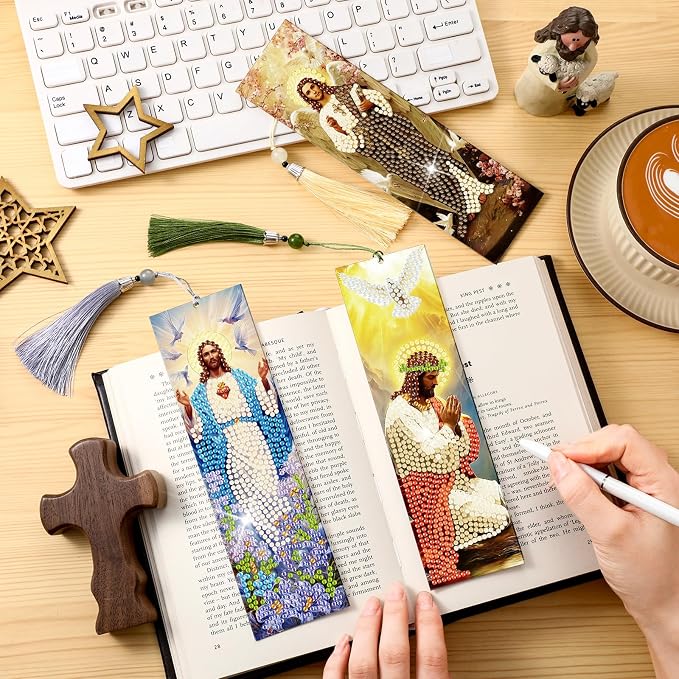 Sinload 10 Pcs Jesus Diamond Art Bookmarks Catholic Diamond Painting Bookmark with Tassels Jesus Diamonds Painting Book Mark Catholic Gifts DIY Religious Acrylic Book Mark for Church Supplies