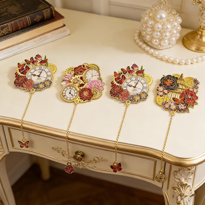 4 PCS Vintage Metal Bookmarks, Steampunk Book Mark with Clock&Flower Pendant for Book Lovers, Students, Teachers, Writers - Unique Reading Gift for Birthday, Graduation, Christmas