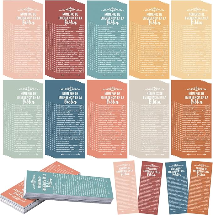 Motiskyy 100 Pcs Spanish Bible Emergency Numbers Bookmark Christian Church Gift 6 x 2.36 Inches Religious Fathers' Day Gift for Church Favor Welcome Sunday School Teacher(Boho Color)