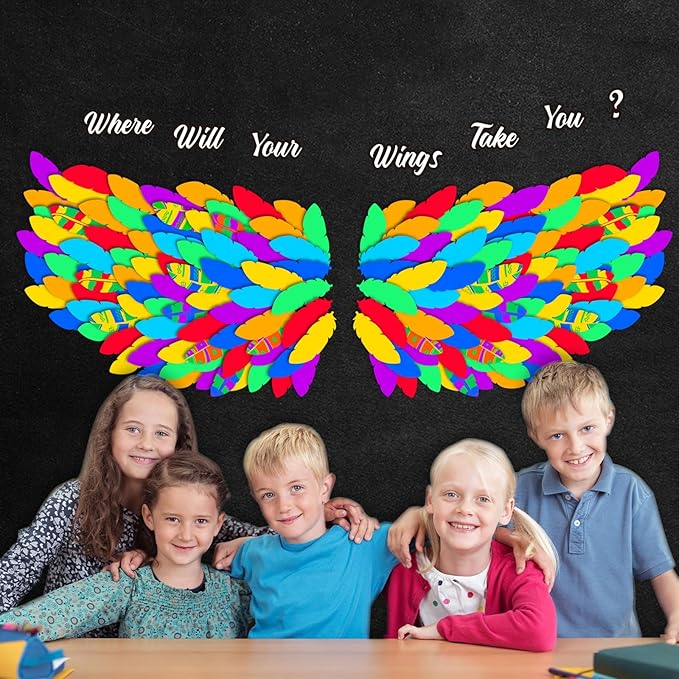 LioNergy 143 Pcs Classroom Wings Bulletin Board Set DIY Wings Motivational Bulletin Board Decoration Colorful Wings Paper Cutouts Theme for Wall Door Decor School Supplies