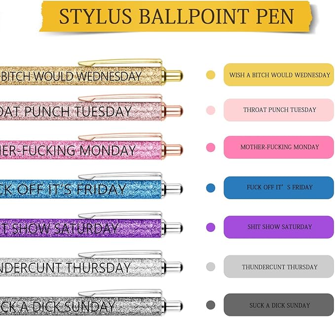 AUAUY Funny Pens - 7PCS Ballpoint Set for Each Day, Spoof Fun Office Gifts