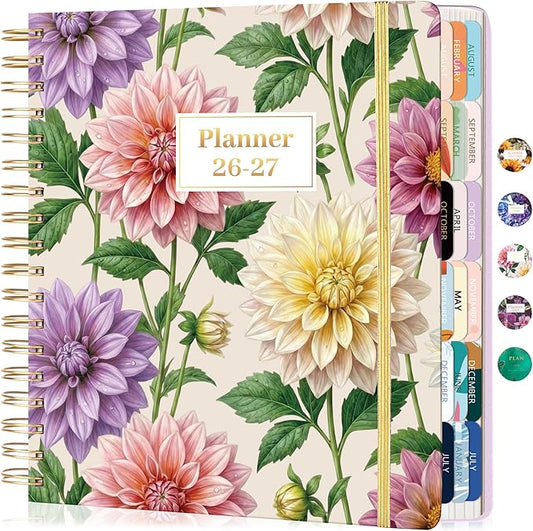 CAGIE 18 Month Planner July 2026 - December 2027, Academic Year Weekly & Monthly Planner with Tabs, 8.3 x 9.3 Floral Hardcover Organizer with 100GSM Thick Paper and Elastic Band for Women School Office