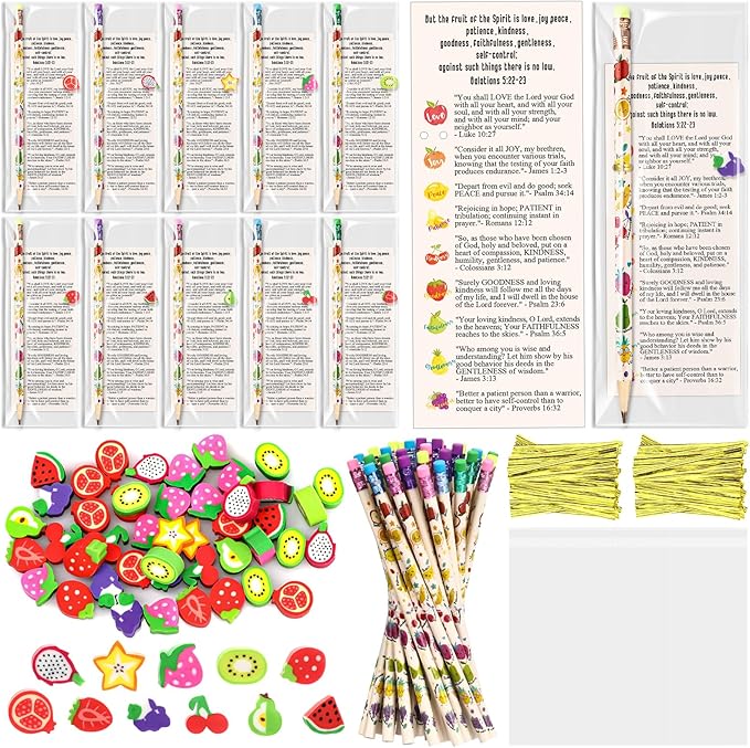 MotiMind 45 Set Fruit of The Spirit Gifts Fruits of The Spirit Bookmarks Christian Fruits Pencils Erasers Bulk Religious Dancing Fruit for Sunday School Teacher Appreciation Church First Day of School